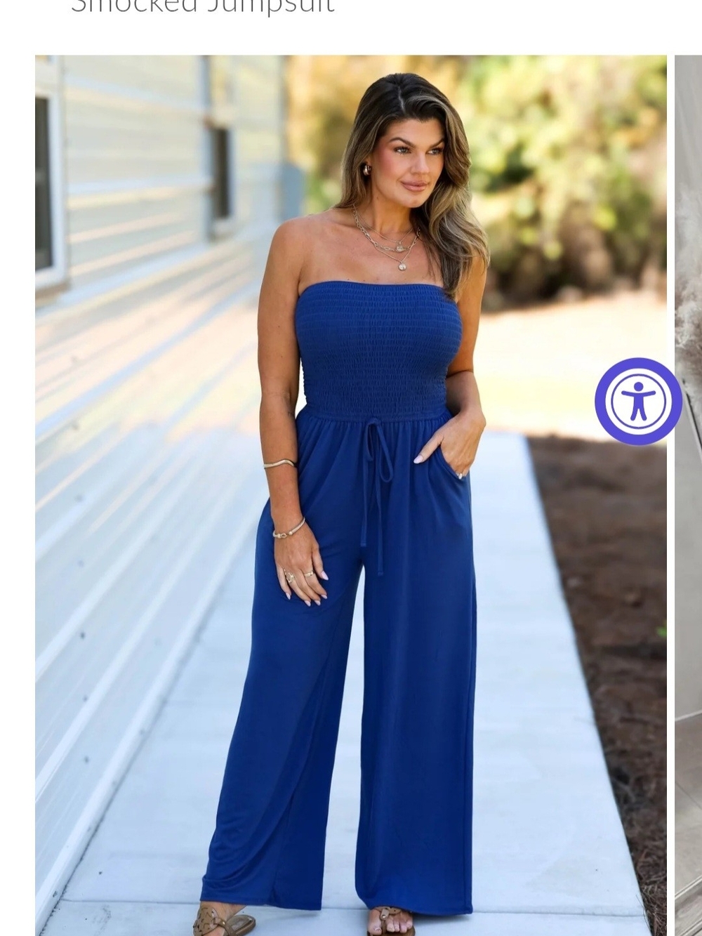 Zenana  Royal Blue Rumor Going Round Strapless Smocked Jumpsuit Size Small
